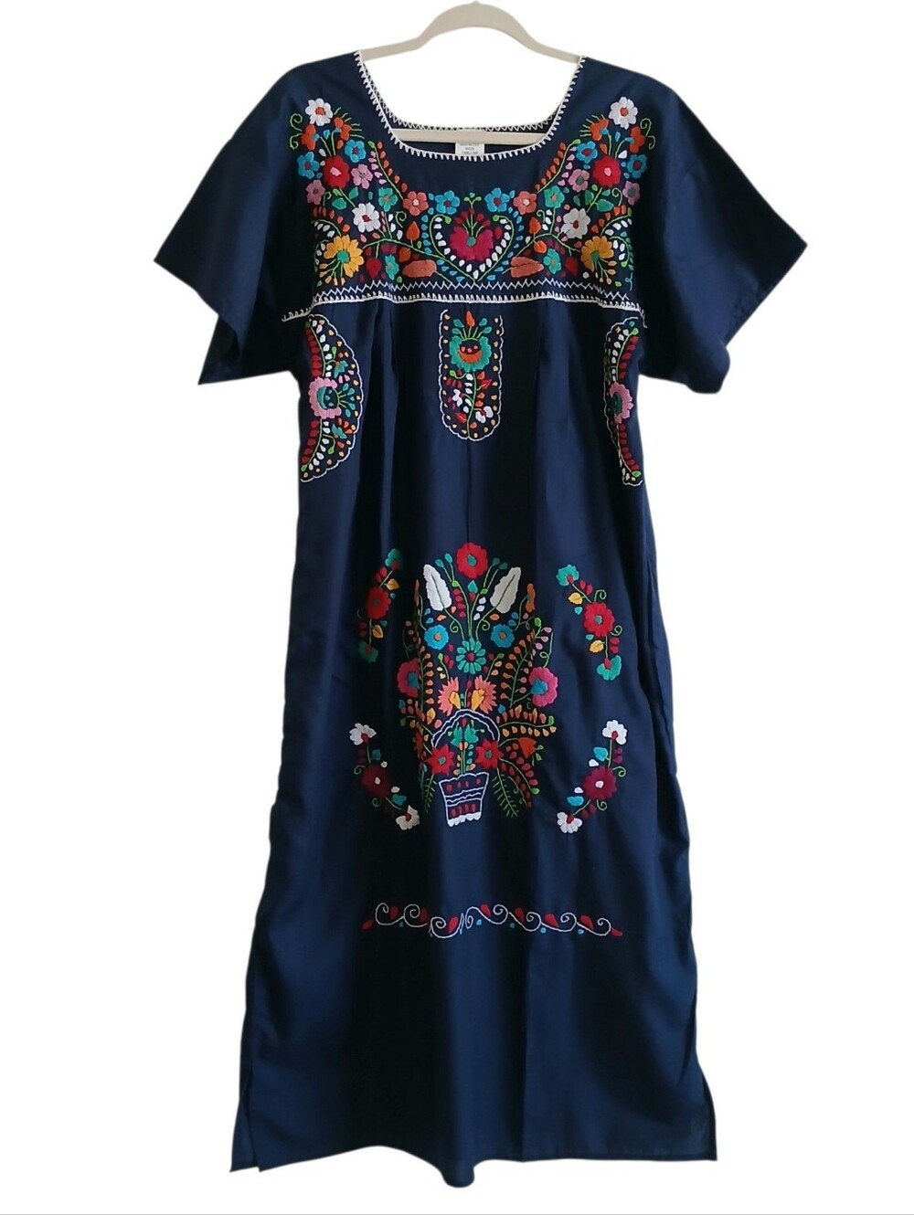 NWOT Embroidered 100% Cotton Mumu House Dress Women's L Blue Mexico Colorful